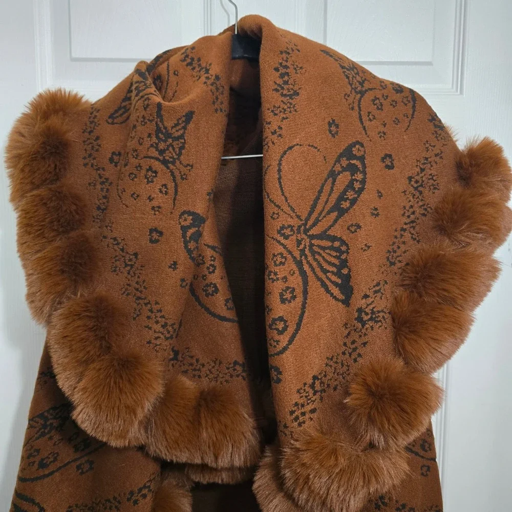 Butterfly Print Faux Fur Trim Knit Shawl Kimono Wrap Brown Cape Scarf One‎ Size